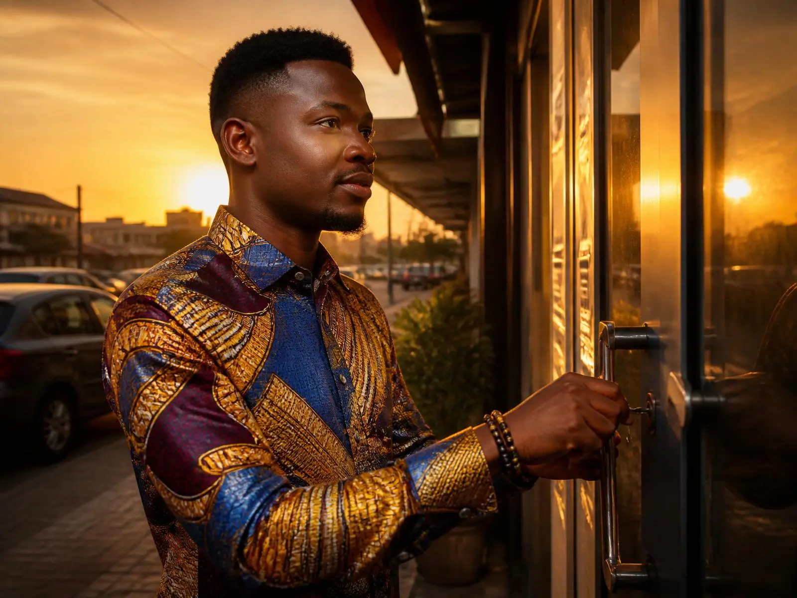 A Nigerian shop owner opening his storefront at sunrise