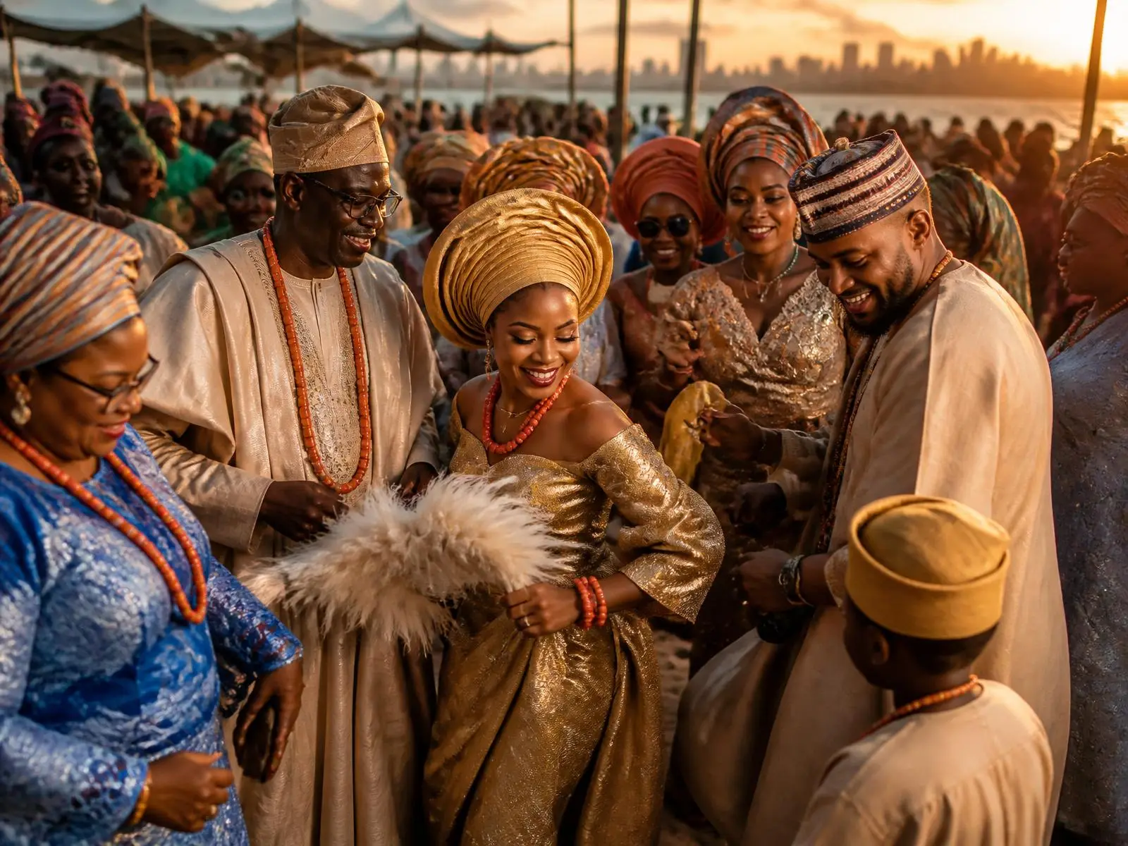 A vibrant Nigerian community celebration at golden hour