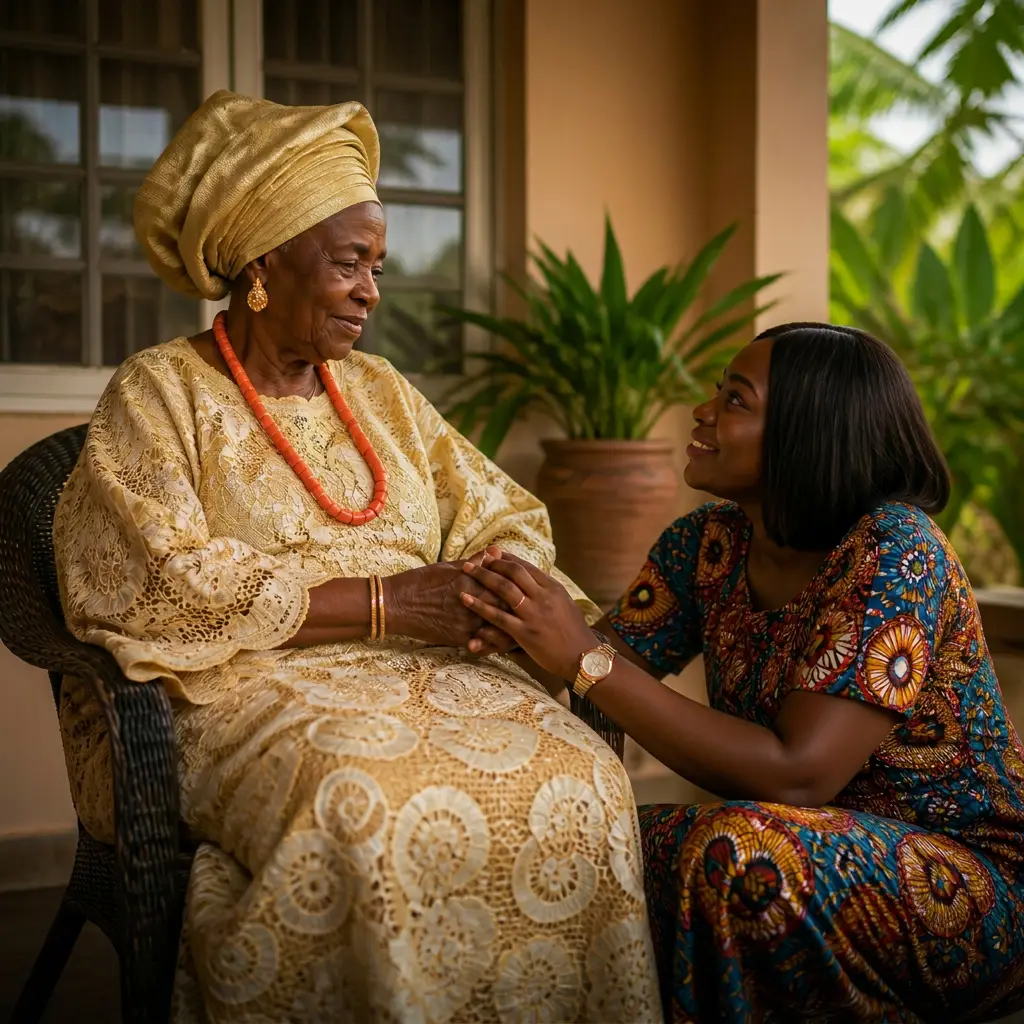 A serene elderly woman smiling