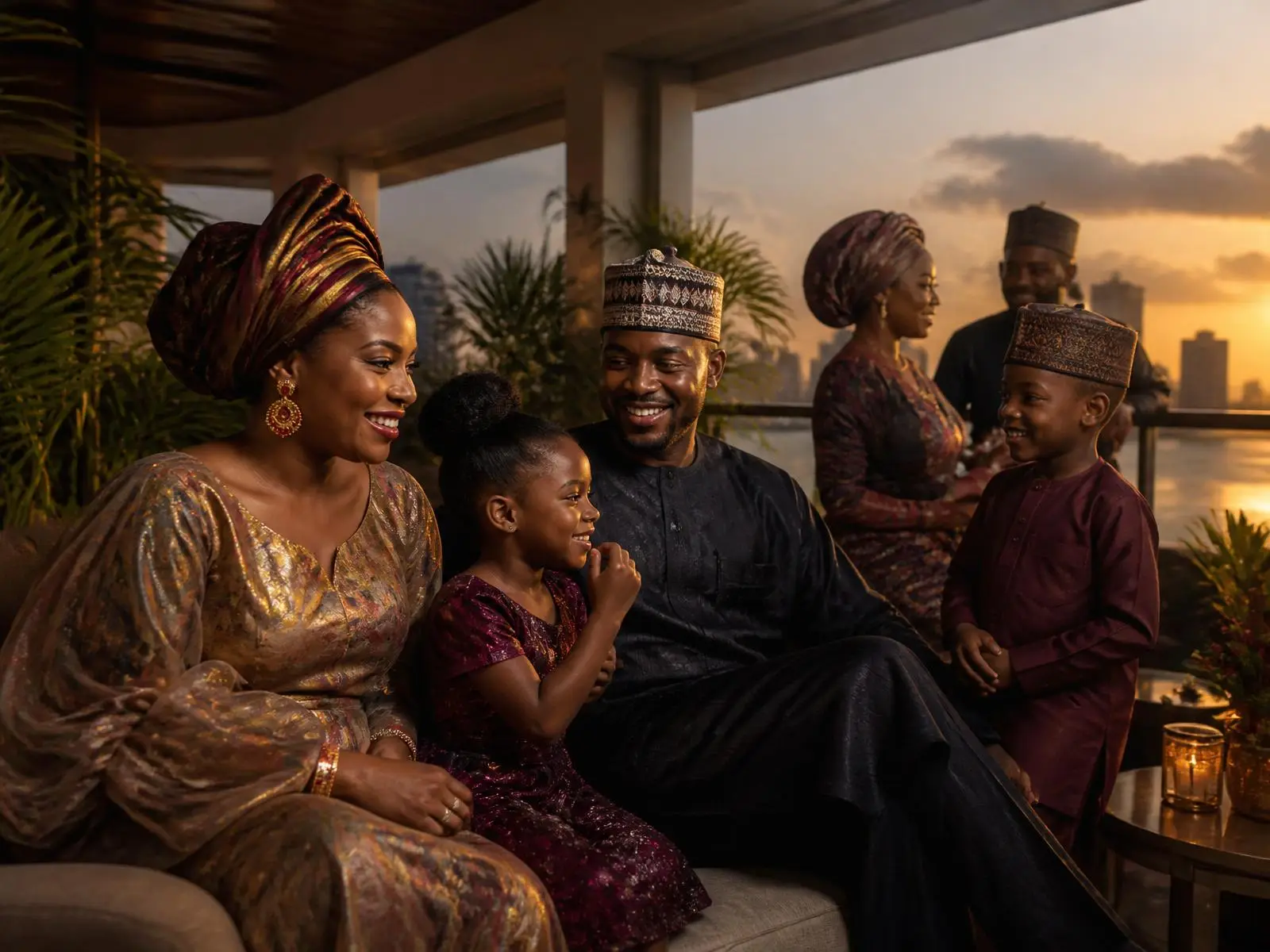 A family relaxing on a balcony at sunset