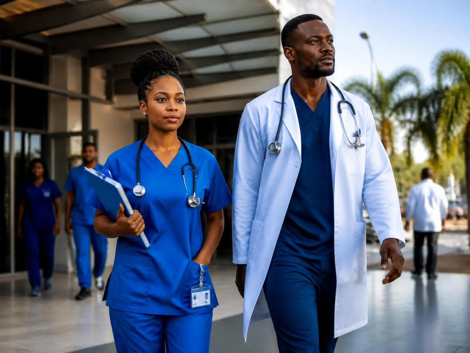 Nigerian healthcare workers arriving at a hospital