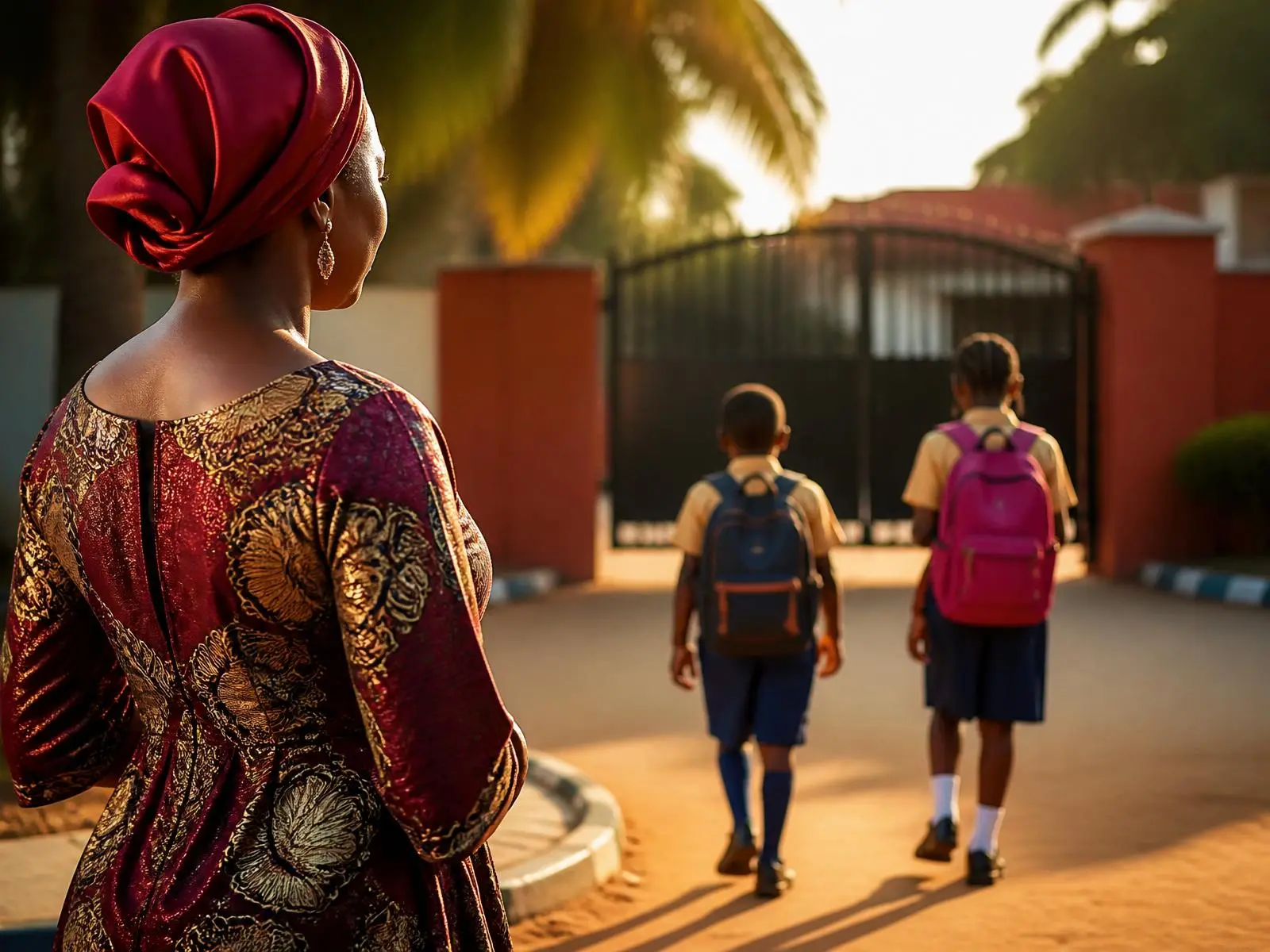 A Nigerian mother watching her children walk to school
