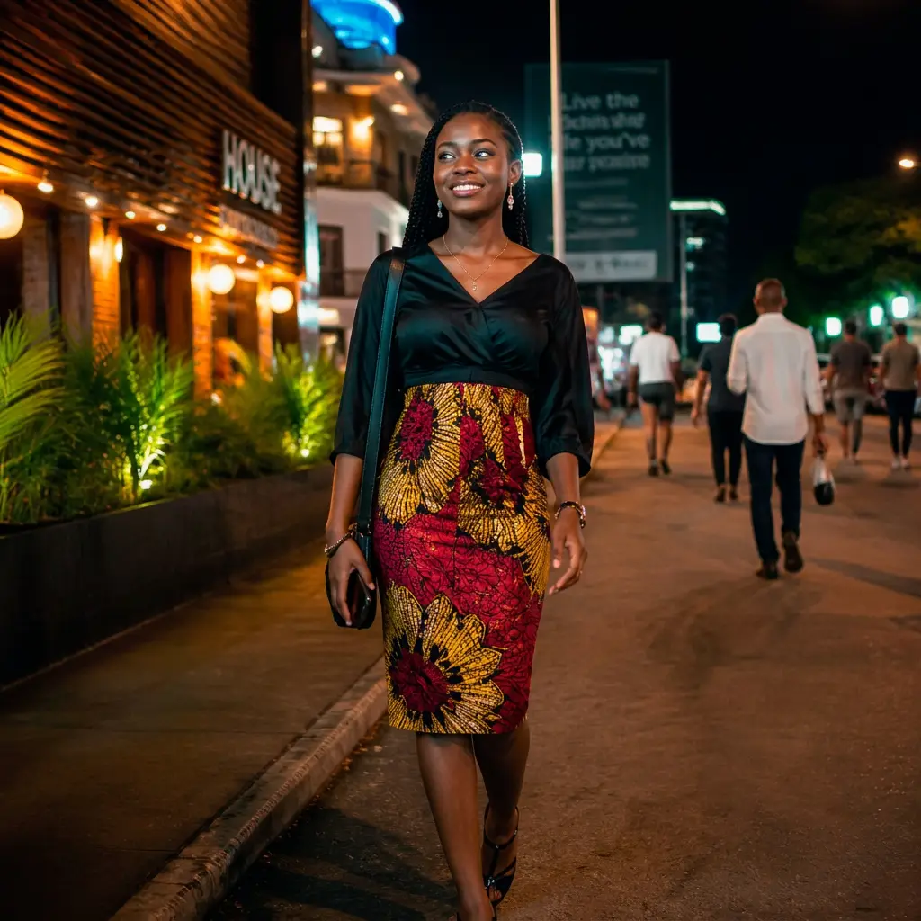 A young woman walking home calmly on a softly lit street