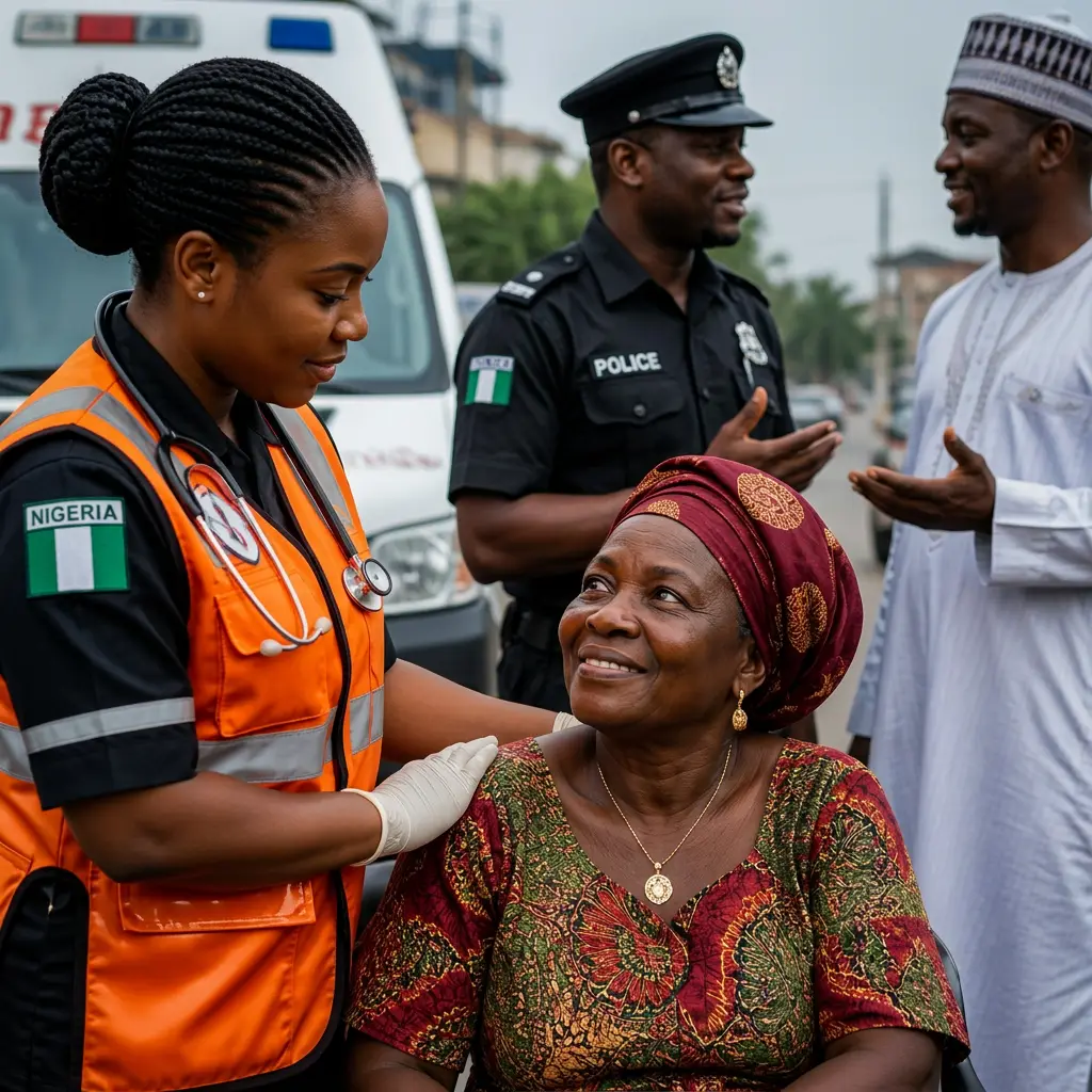 A friendly responder helping an elder